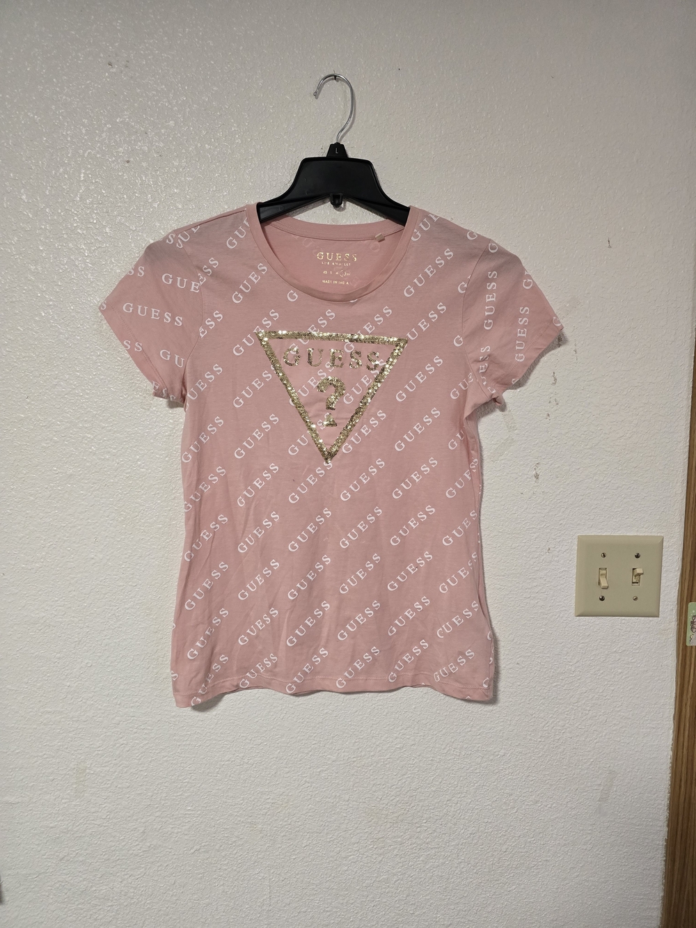 GUESS Women's Pink Logo Tee with Gold Triangle Accent